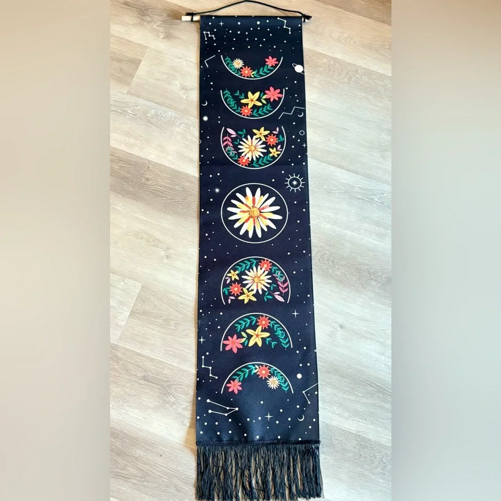 Long Tapestry Black Boho Wall Hanging Floral Moon Phase Design with Fringe